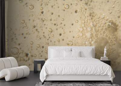 Cosmetic texture with bubbles on beige background. Cleanser, shampoo, wash - liquid soap, shower gel, hyaluronic acid, serum. Cosmetics banner Wall mural