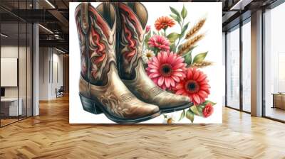 Cowboy boots and cacti and flowers  Watercolor illustration Wall mural