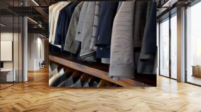 Customized suits in various colors and materials on rosewood shelves Wall mural