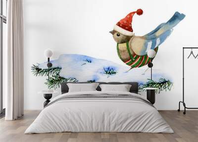 Cute dressed cartoon bird sitting on a snow-covered spruce branch hand drawn in watercolor isolated on a white background Wall mural