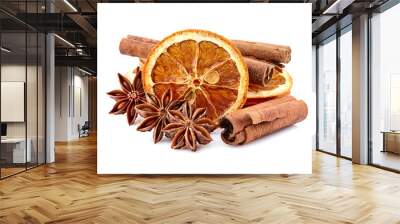 Dry orange with  cinnamon  and anise on white background closeup. Citrus with spices. Wall mural