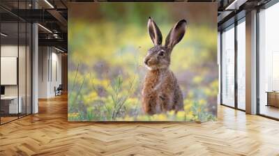 European hare stands in the grass and looking at the camera.   Lepus europaeus Wall mural