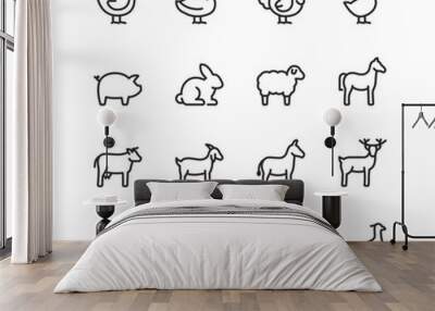 Farm Animals, linear style icons set. Animals that are raised on a farm, an animal for dairy products, eggs and meat. Editable stroke width Wall mural