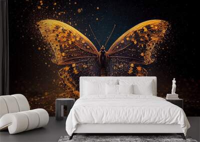 Festive abstract image of a flying butterfly on a dark background. Generative AI Wall mural