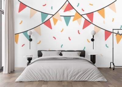 Festive garlands with multi-colored flags and confetti. Festive background for the holiday. Vector Wall mural