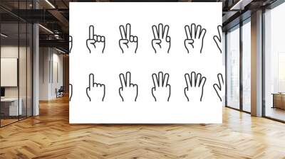 Finger Counting Gestures, linear style icon set. Hands showing numbers one through five. Hand signals for basic numerals. Editable stroke width. Wall mural