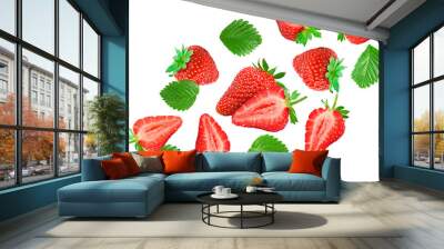 flying Sliced strawberry with green leaves isolated on white background. clipping path Wall mural