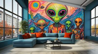 Colorful scribbles whimsical alien creatures in chaotic wax crayon drawing style Wall mural