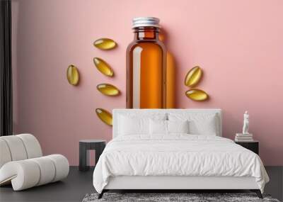 Flat lay with bottle and omega 3 capsules resting on pastel background Wall mural