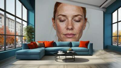 Portrait of middle aged caucasian woman of 40s with closed eyes and freckles Wall mural