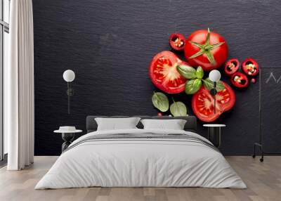 fresh  tomatoes with pepper and basil on black  stone background Wall mural