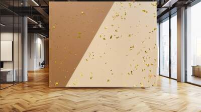 Golden confetti on earthy brown, beige paper geometric trendy background. Festive holiday backdrop. Birthday congratulations Christmas New Year. Flat lay, top view, copy space. Wall mural