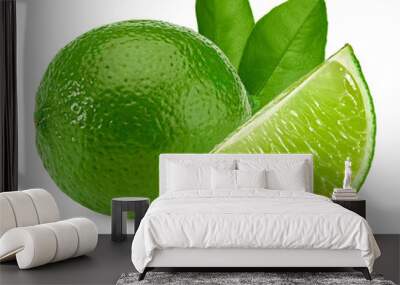 green lime with slice and green leaves isolated on white background. clipping path Wall mural