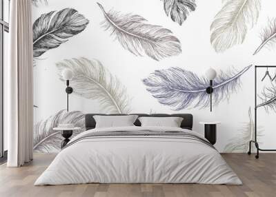 Hand draw set of feathers. Wall mural