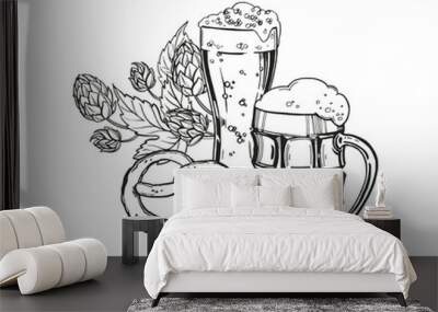 Hand drawn vector sketch of beer festival theme, full beer glass with foam, hop plant with leaves and buds, German bakery pretzel, black and white illustration of Oktoberfest, white background Wall mural