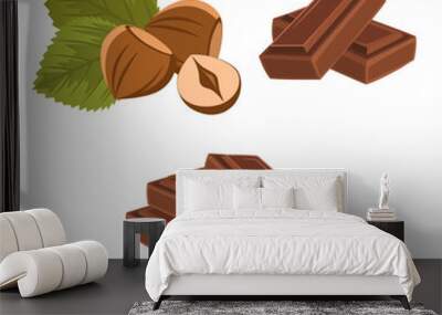 Hazelnut and chocolate bar, collection of decorative isolated elements, vector illustration. Wall mural