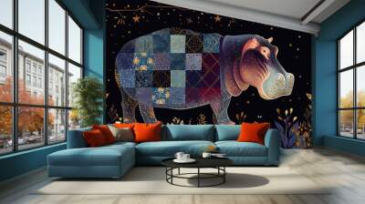 hippopotamus in the art style of bold colors and quilted patterns, whimsical designs, Wall mural