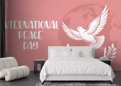 International peace day. Silhouette of a white dove against a background with a globe. Illustration. Vector Wall mural