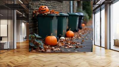 Jack-o-lantern pumpkins are lying next to the trash cans Wall mural