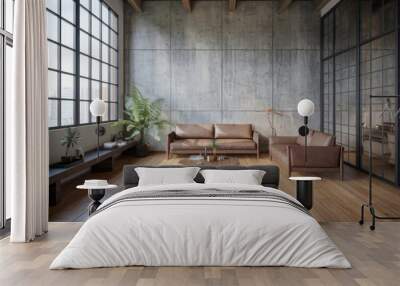 Japandi-style minimalist loft featuring a modern living room with a concrete wall. Wall mural