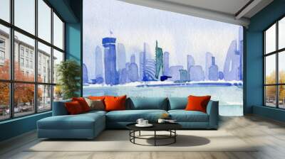 watercolor llustration of blue city Wall mural