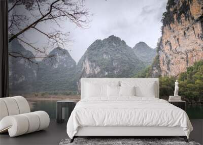 Dramatic sky over Guilin landscape and a river bend near Xingping, China. Copy space for text Wall mural