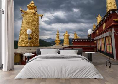 The roof architecture of Songzanlin Temple also known as the Ganden Sumtseling Monastery, is a Tibetan Buddhist monastery in Zhongdian city( Shangri-La), Yunnan China. Wall mural