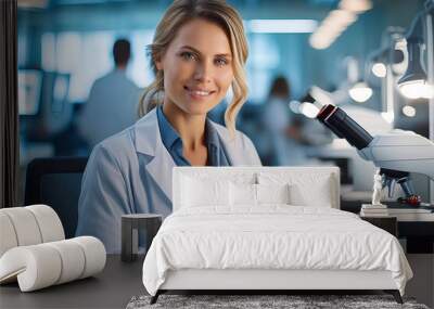 Young female scientist in the laboratory near the microscope Wall mural