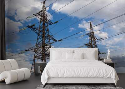 Rusty power line is on the blue sky with white clouds background Wall mural