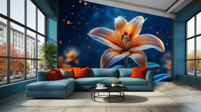 Lily flower on the background of blue starry sky, night flower, shining lights Wall mural