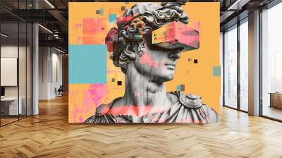 Male portrait of greek statue with virtual reality glasses on colorful background. Wall mural