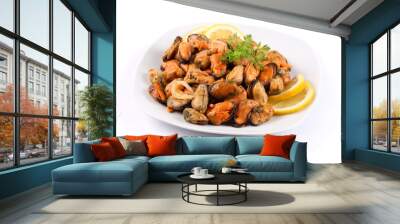 marinated mussels isolated on a white background Wall mural