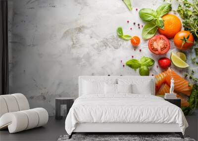 Minimalistic white background with cooking products , vegetables and spices, with space for text Wall mural