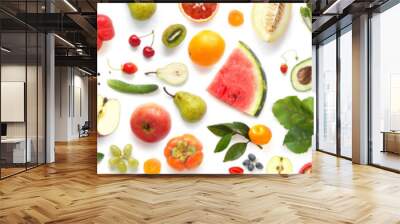 Banner from various vegetables and fruits isolated on white background, top view, creative flat layout.  Wall mural