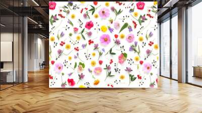 Flowers  flat lay. Seamless pattern from plants, wild flowers and  berries, isolated on white background, top view.  Wall mural