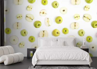 Food texture. Seamless pattern of fresh fruits isolated on white background, top view, flat layout. Green apples in a cut, slices. Wall mural