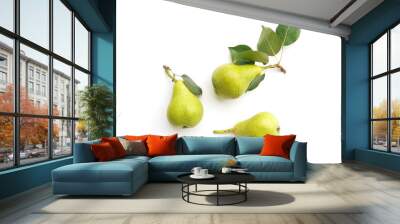 Green pears with leaves isolated on white background, top view Wall mural