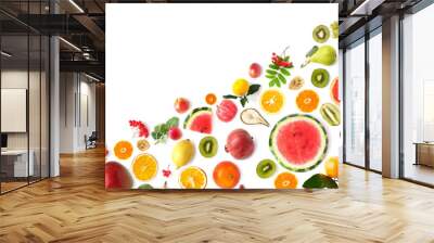 pattern of various fresh fruits isolated on white background, top view, flat lay. Composition of food, concept of healthy eating. Food texture. Wall mural