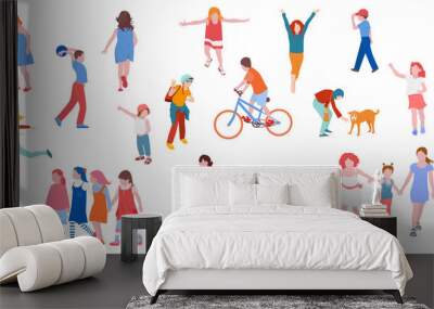 set of illustrations of kids activity. children play, chat, walk, run, vector illustration in flat s Wall mural