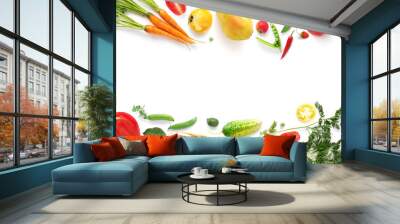 Various vegetables and fruits isolated on white background, top view, flat layout. Concept of healthy eating, food background. Frame of vegetables with space for text. Wall mural