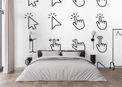 Mouse Cursors and Pointers, linear style icon set. On-screen navigation and user interactions. Cursor designs - arrows, hands. Clicking, selecting, dragging actions. Editable stroke width. Wall mural