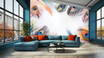 Multicolored peacock bird feathers, on white background, empty space in the center Wall mural