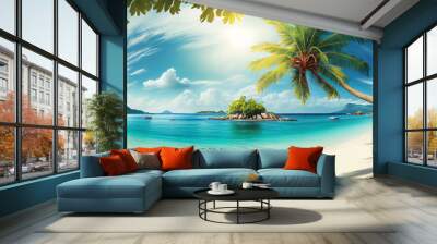 palm tree on a sandy deserted sea beach of a tropical island. Generative AI Wall mural