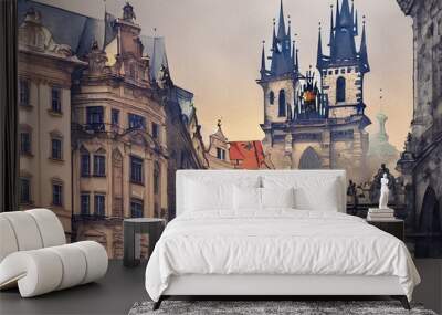 panorama of the town prague color art.. Wall mural