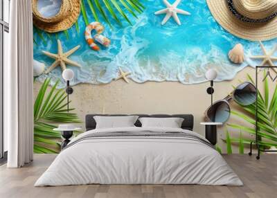 Pattern of seashells, stars, sunglasses, straw hats and green tropical leaves on a blue background with copy space for advertising. Vacation, summer travel concept.
 Wall mural