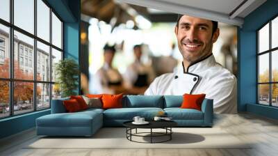 Portrait of a chef standing with his team, all in sharp focus, in the background Wall mural