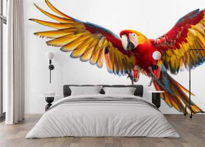 Red parrot with yellow, blue and green feathers on a white background Wall mural