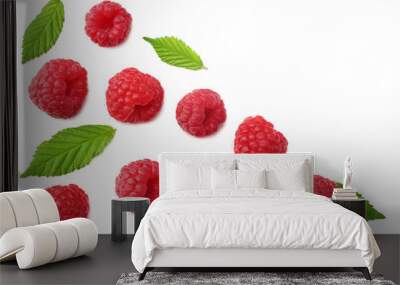 ripe raspberries with green leaf isolated on white background. top view Wall mural