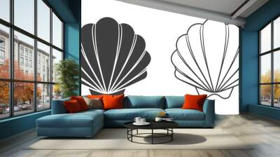 Scallop seashell logo. Isolated silhouette and contour drawing of a scallop on a white background. Vector Wall mural