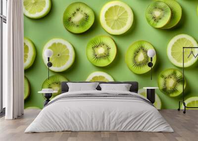 Sliced kiwi and lemon pattern on vibrant green background fresh citrus and tropical fruit slices flat lay arrangement healthy eating and summer refreshment concept Wall mural